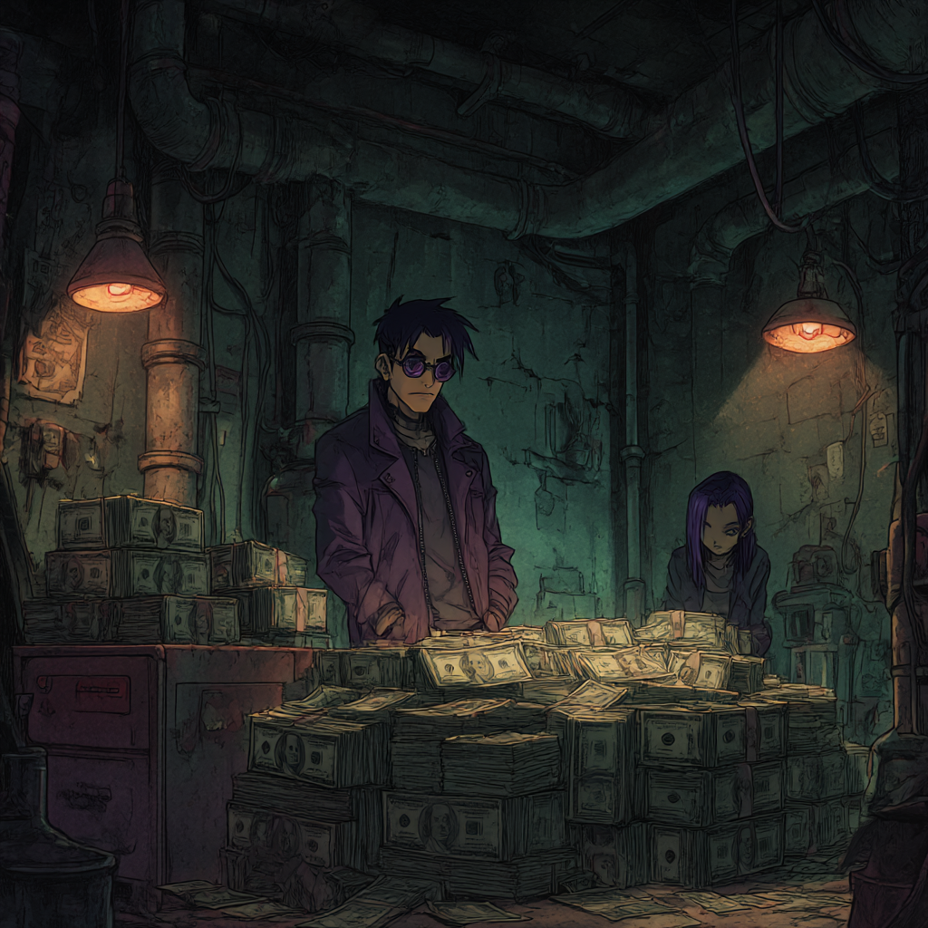 Neon city street at night in anime crime style